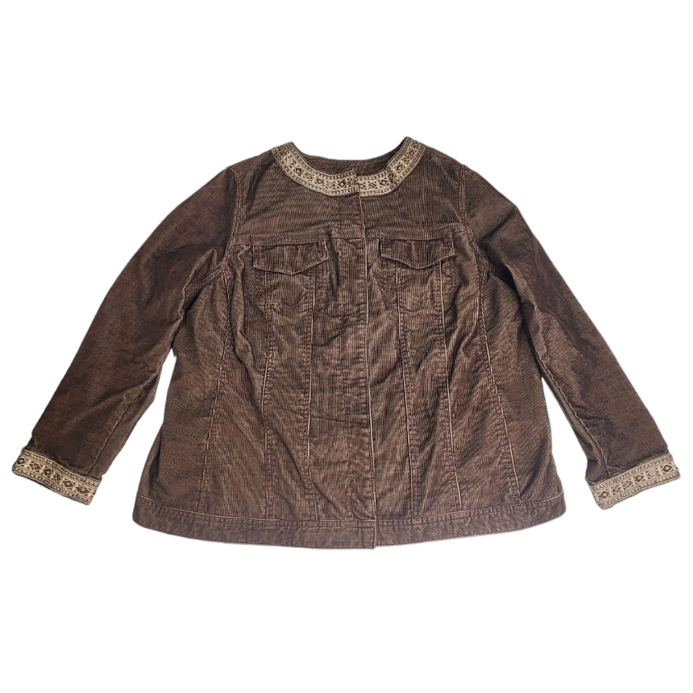 Avenue Jeans Jacket Womens 18/20 1X Brown Corduroy Embroidered Bead Accents